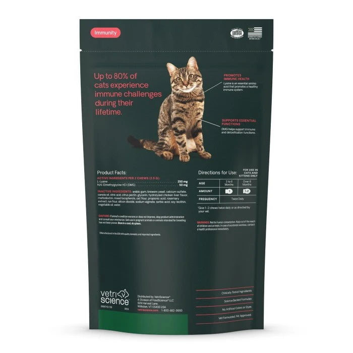 VetriScience Lysine Immunity Health Chicken Flavored Chews Immune Supplement for Cats, 120 count