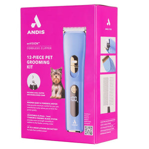 Envision Cordless Clipper, 12 Piece Pet Grooming Kit, Blue