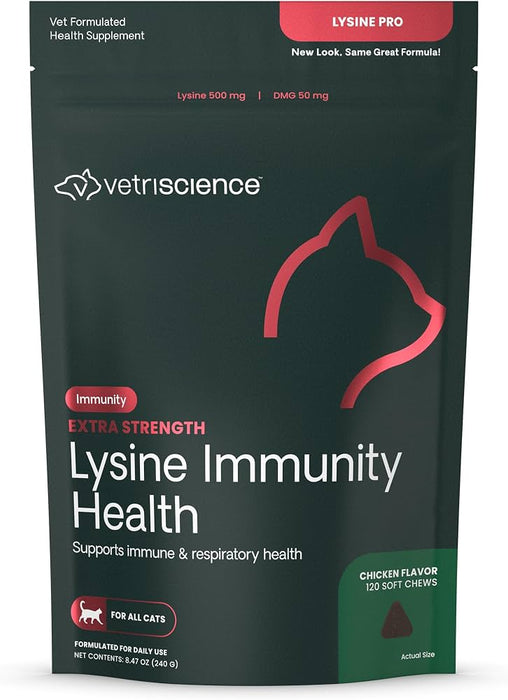 VetriScience L-Lysine Pro Extra Strength Immunity Health Soft Chews for All Cats, Chicken Flavor, 120 Count
