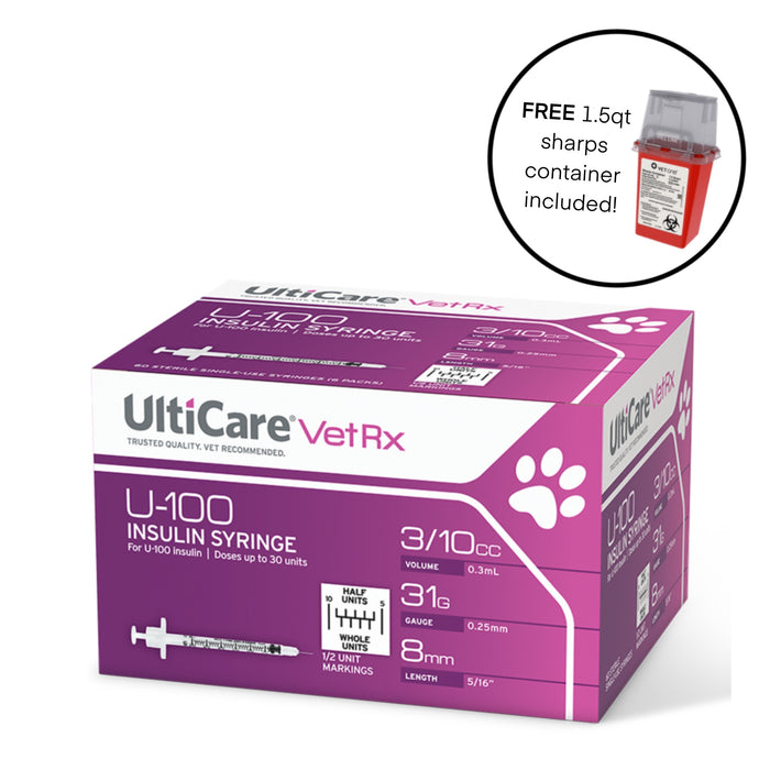 UltiCare VetRx U-100 Half Unit Insulin Syringe 0.3cc, 31g x 5/16"